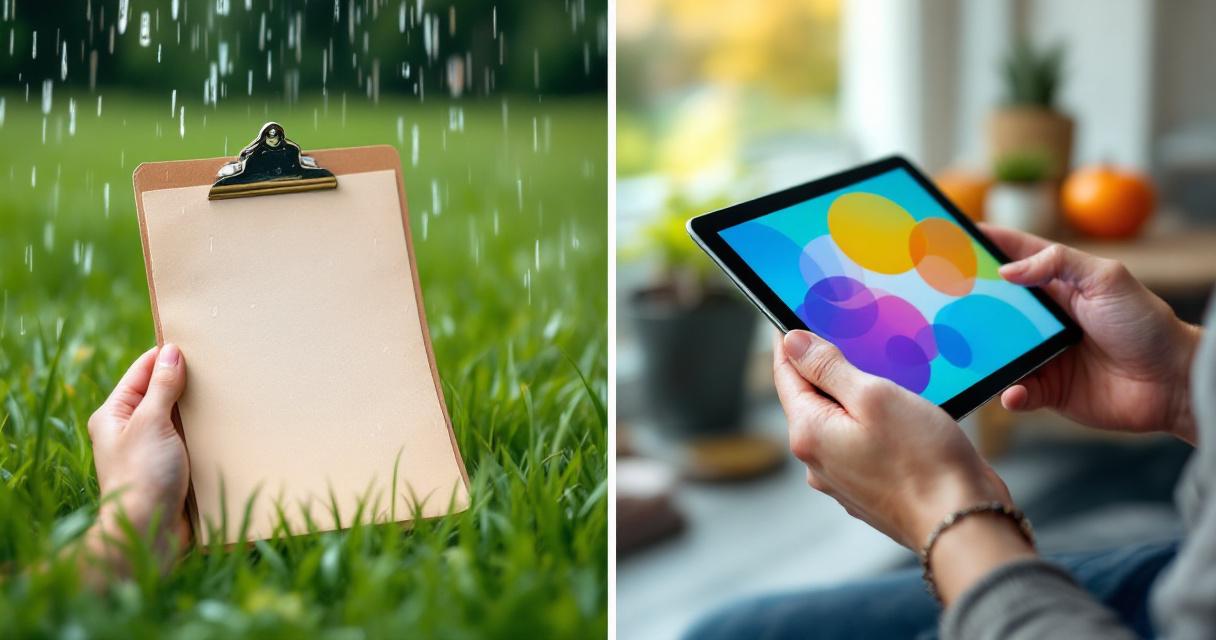 Lawn care operator transitioning from clipboard to tablet in the field