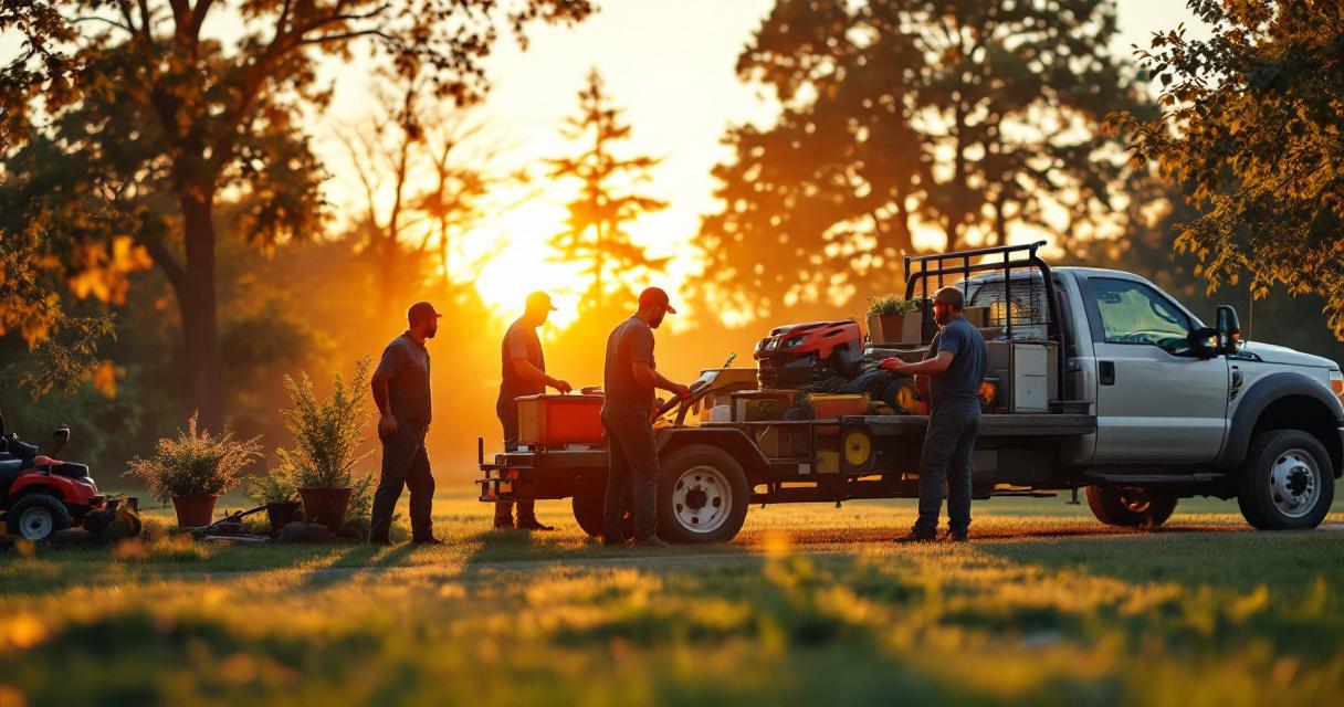 Lawn care crew loading equipment for the workday
