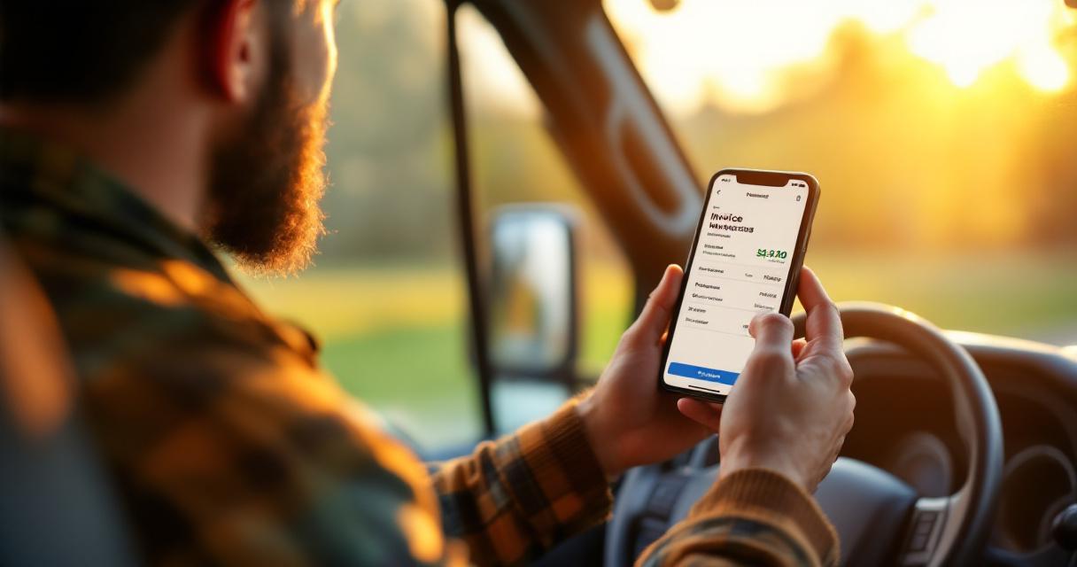 Lawn care owner reviewing invoices on smartphone in truck