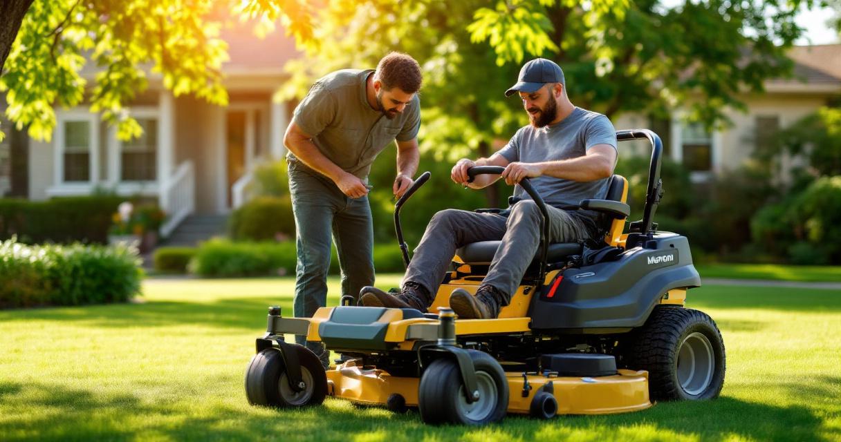 Lawn care owner training new employee on equipment