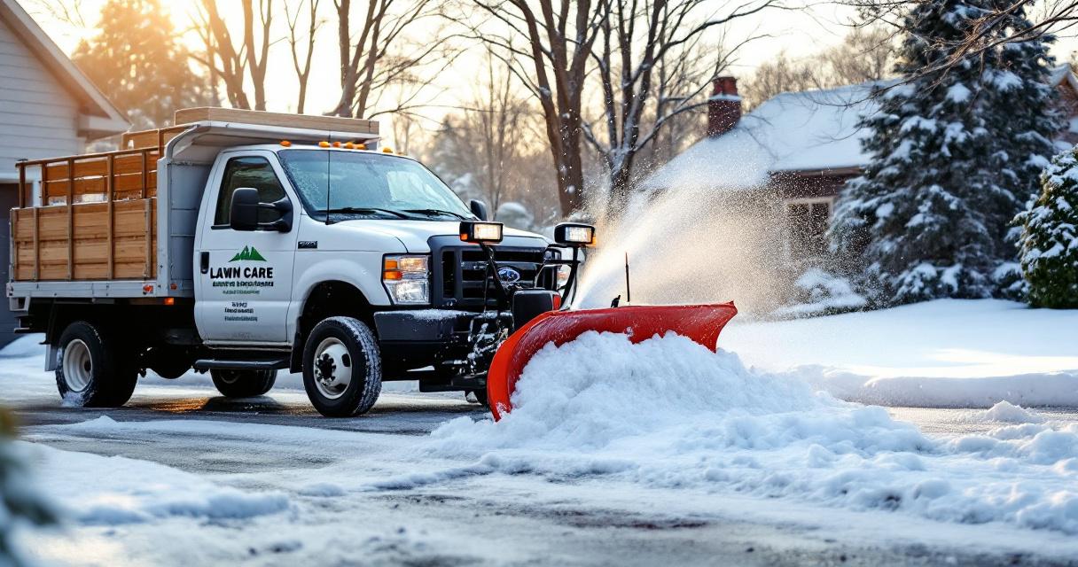 Lawn care operator plowing snow in winter to keep revenue flowing